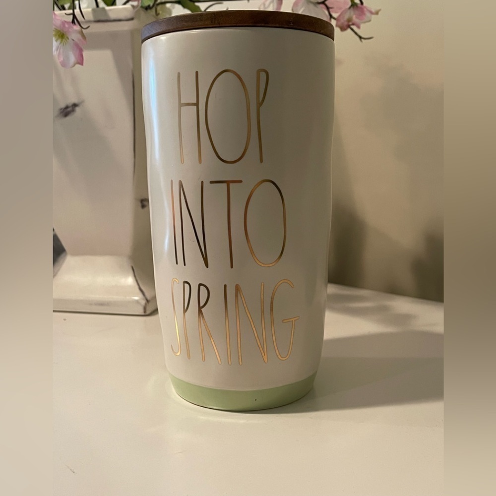 NWT, Rae Dunn, Ceramic Canister with wooden lid. “Hop Into Spring”